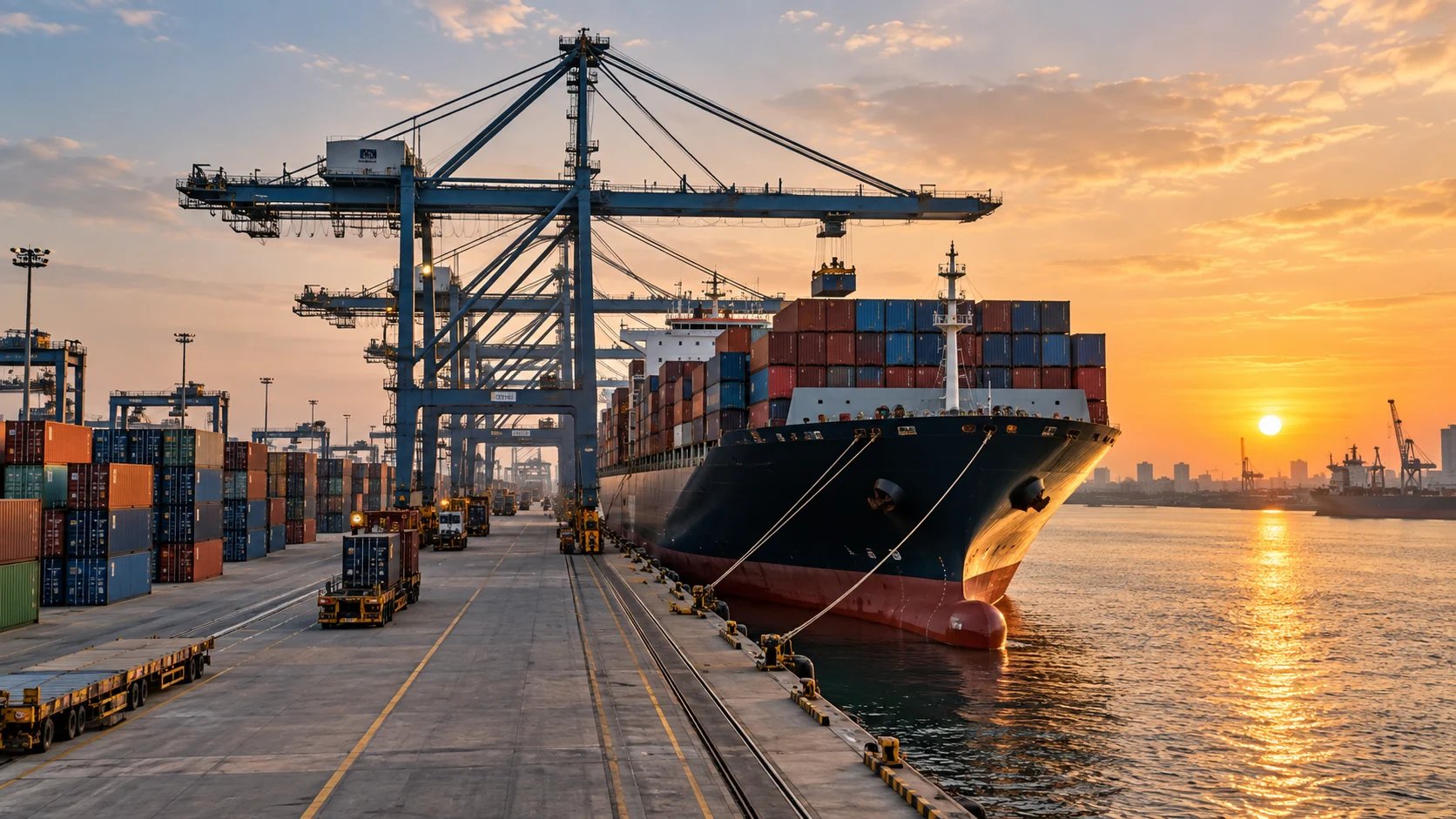 International cargo ship and containers at a global shipping port