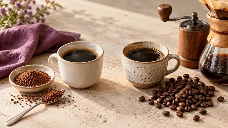 দুই কাপ কফির পাশে ইনস্ট্যান্ট কফির দানা, গোটা কফি বিনস ও হ্যান্ড গ্রাইন্ডার